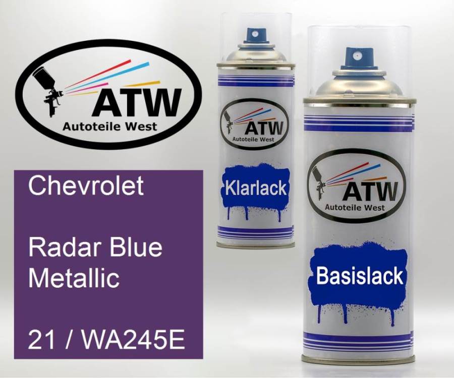 Chevrolet, Radar Blue Metallic, 21 / WA245E: 400ml Sprühdose + 400ml Klarlack - Set, von ATW Autoteile West.